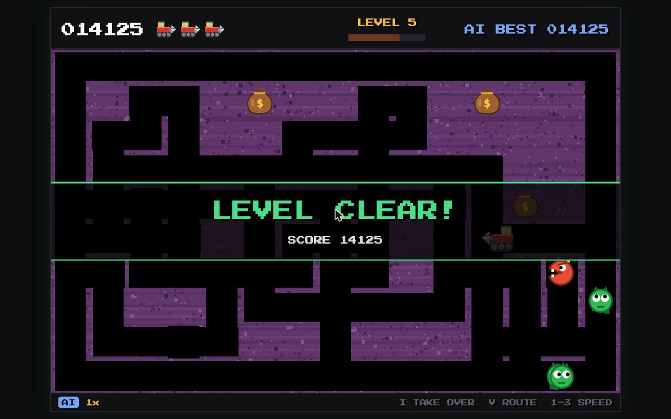 The AI clearing level 5 at 14,125 points, no lives lost.